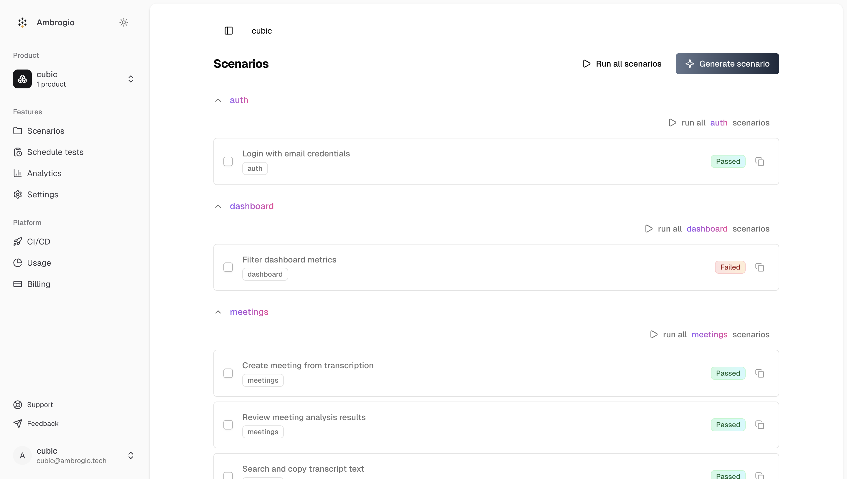 Ambrogio platform — scenario dashboard